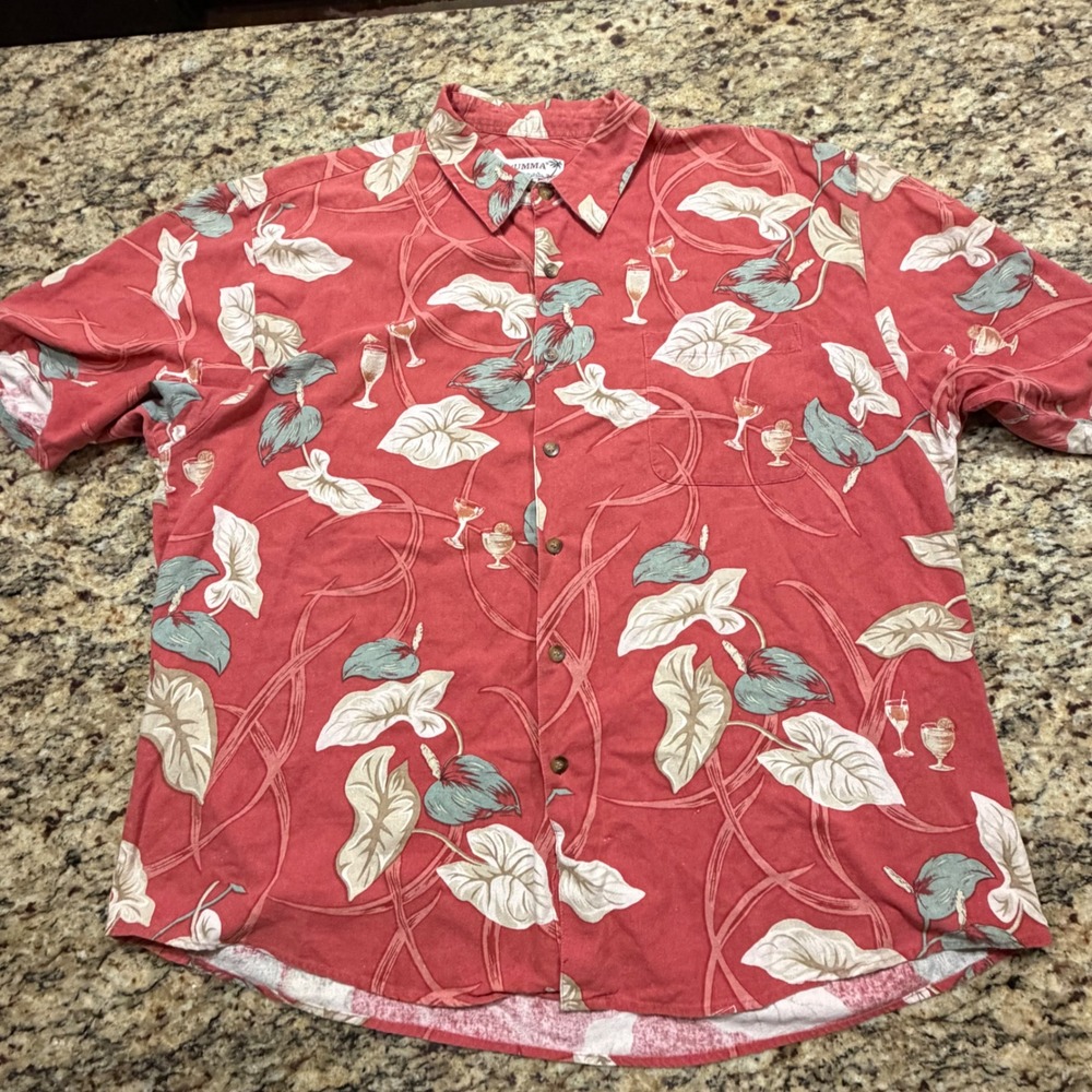 Summa Mens XXL Red Silk Cotton Hawaiian Shirt Tropical Floral Cocktail Print